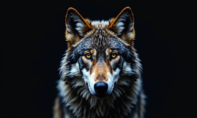 Fototapeta premium Wolf portrait piercing yellow eyes black background dramatic