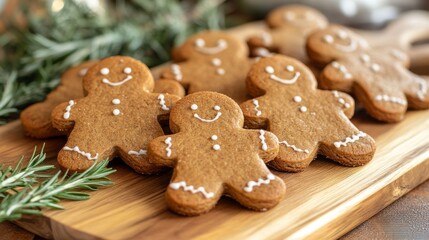 A wooden cutting board displaying freshly baked gingerbread cookies, surrounded by sprigs of rosemary