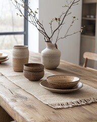 A wooden dining table set with handmade ceramic dishes and a macrame table path