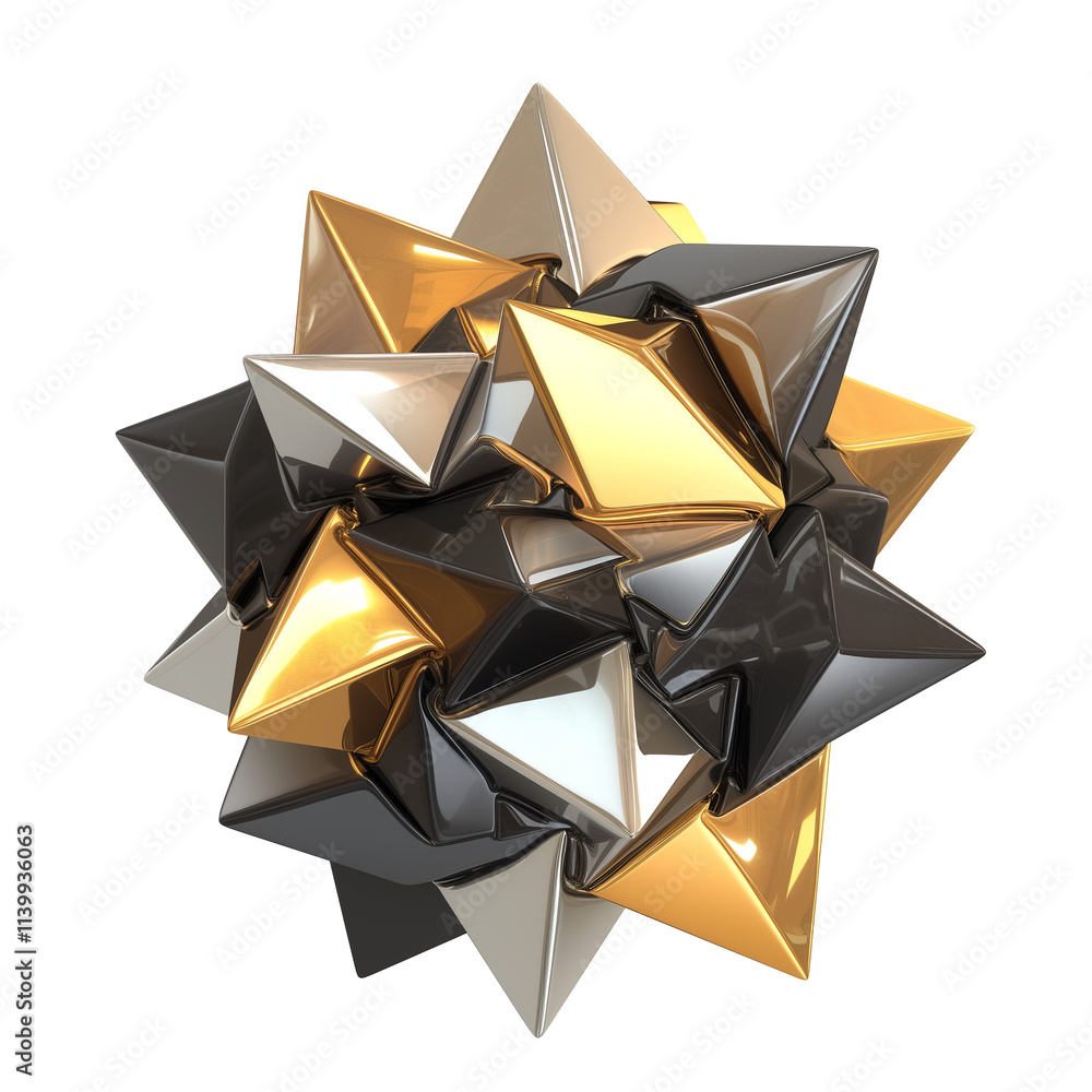 Poster 3D metallic geometric shape with sharp, interlocking triangular facets in gold, silver, and black, creating futuristic and reflective design