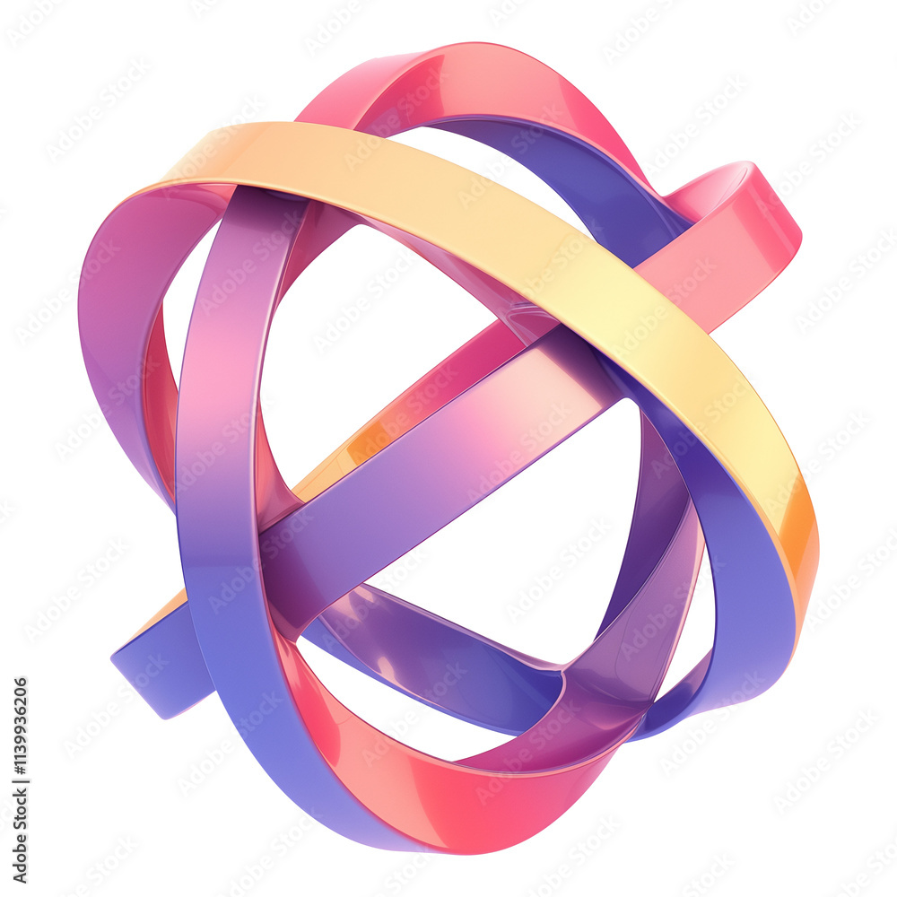 Poster vibrant 3d metallic abstract shape with intertwined loops in gradient colors of pink, purple, and ye