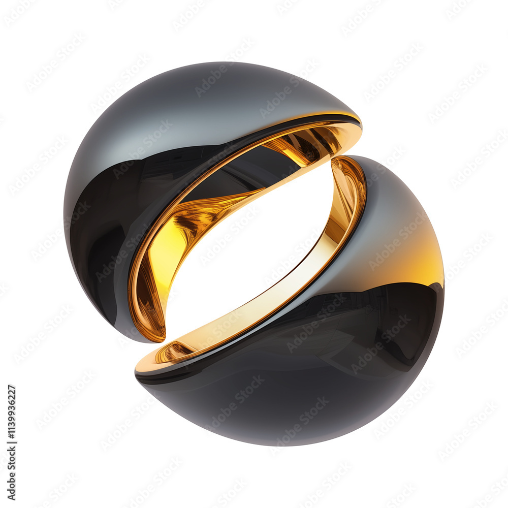 Poster sleek 3d metallic abstract shape with glossy black and gold finish, featuring futuristic and symmetr