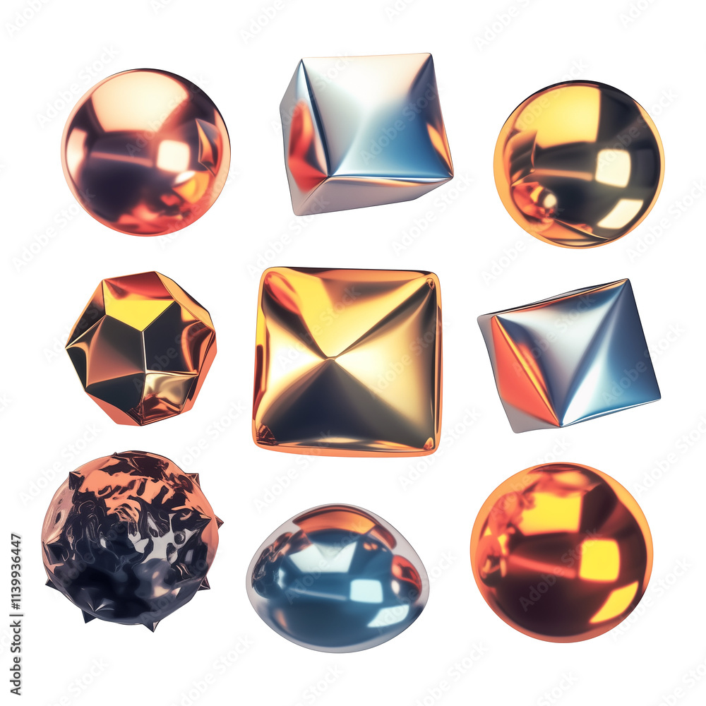 Poster Abstract 3D metallic shapes in vibrant Y2K inspired colors, featuring smooth and reflective surfaces with geometric and organic designs, isolated on transparency background