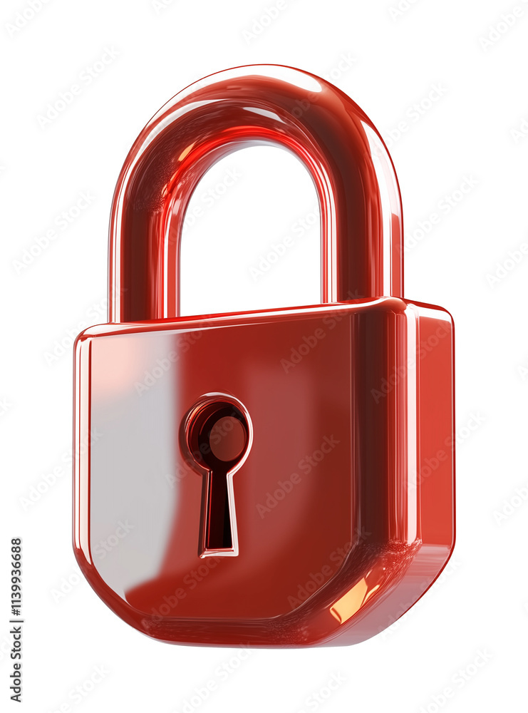 Poster shiny red padlock icon with keyhole, rendered in 3D, isolated on transparency background, symbolizing security, protection, and privacy in modern and minimalistic style