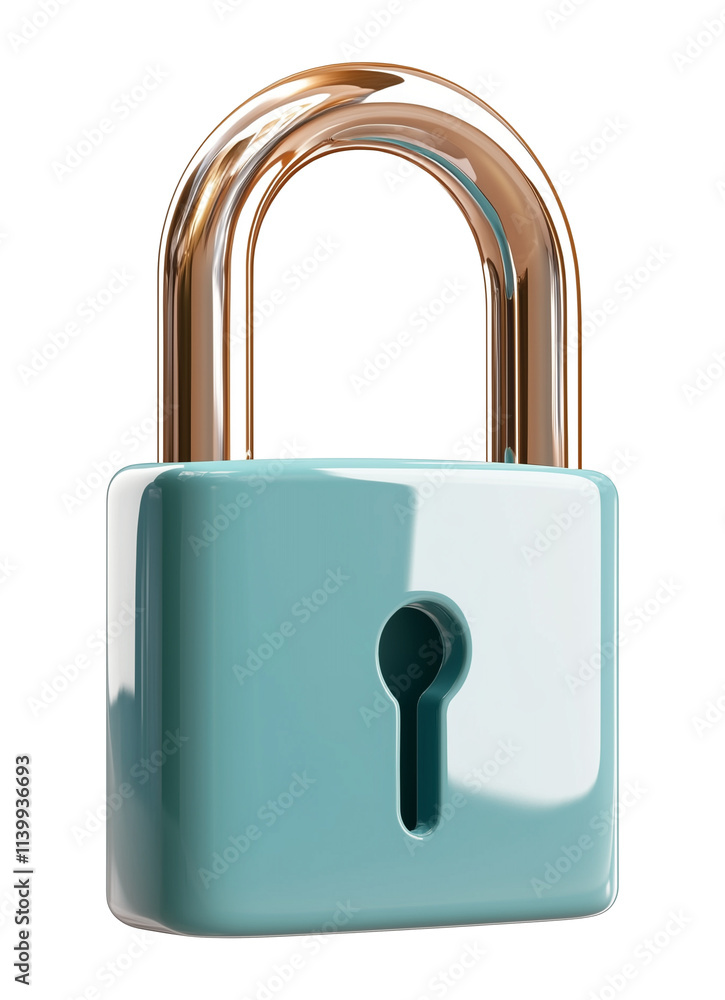 Poster shiny 3d padlock with teal body and golden shackle, isolated on transparency background, symbolizing
