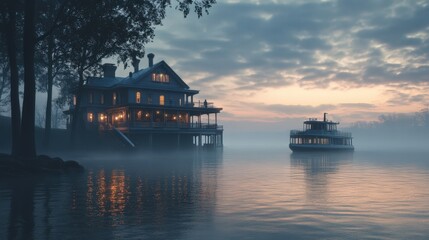 Obraz premium Lakeside Mansion and Steamboat at Dusk