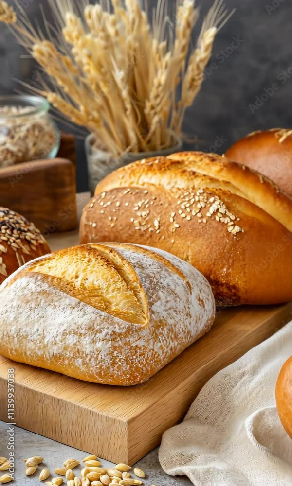 Poster a wooden table with a variety of breads and grains on it. the breads are different shapes and sizes,