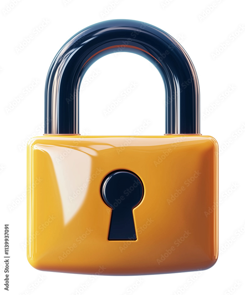 Poster shiny orange padlock with metallic silver shackle, featuring keyhole in center, isolated on transpar