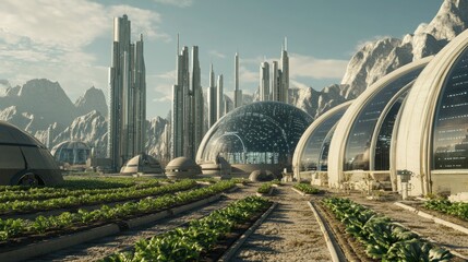 Naklejka premium Futuristic Cityscape Featuring Hydroponic Farm and Skyscrapers