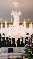 Elegant White Crystal Chandelier in Cozy Living Room with Christmas Tree