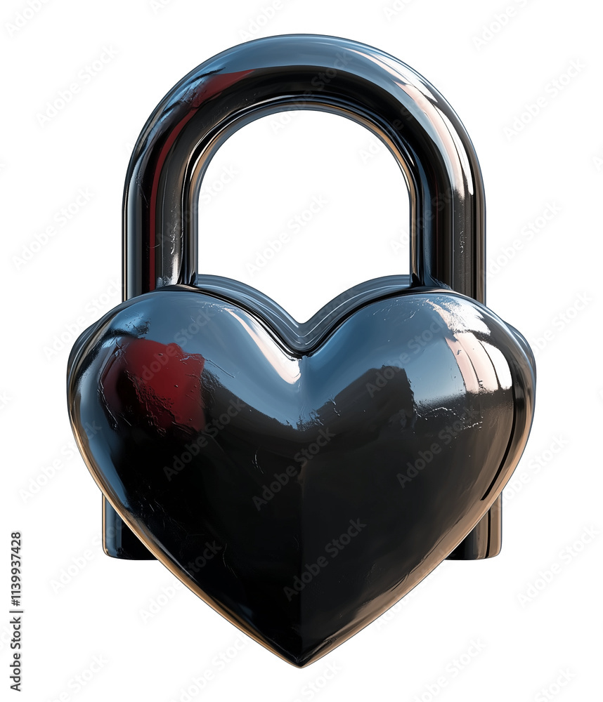 Poster shiny 3d heart shaped padlock with metallic finish, isolated on transparency background, symbolizing