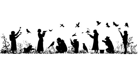 Obraz premium Birdwatchers setting up feeders in their yards to attract different species, Illustration