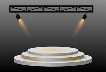 Spotlight stage. White circular platform, angled black stage lights beams, metal truss structure, modern event setup, focused lighting for presentation, theater, or award ceremony, performance scene