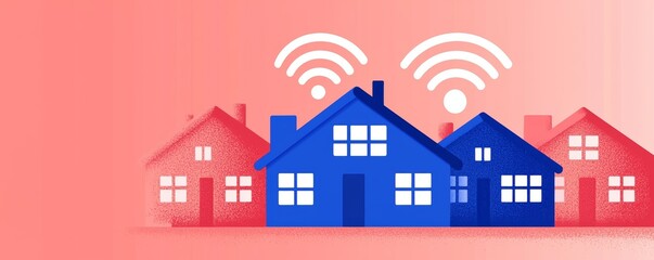 Fototapeta premium A digital illustration of colorful houses, with blue and red designs, featuring Wi-Fi signals, symbolizing connectivity in a neighborhood.