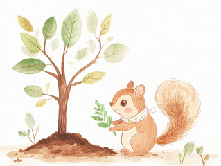 Watercolor Earth Day squirrel planting tree green ribbon cute eco-friendly animal illustration adorable holding spade young hand-painted nature conservation clipart nursery decor soft storytelling