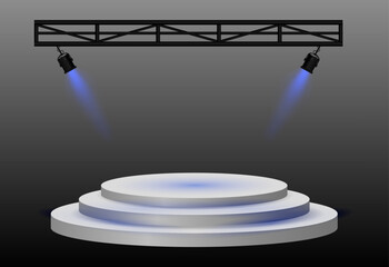 Spotlight stage. White circular platform, angled black stage lights beams, metal truss structure, modern event setup, focused lighting for presentation, theater, or award ceremony, performance scene