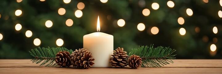 Burning candle surrounded by pinecones and pine branches on a wooden surface