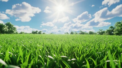 A vivid field of lush green grass under a clear blue sky dotted with fluffy white clouds, perfect for nature themes