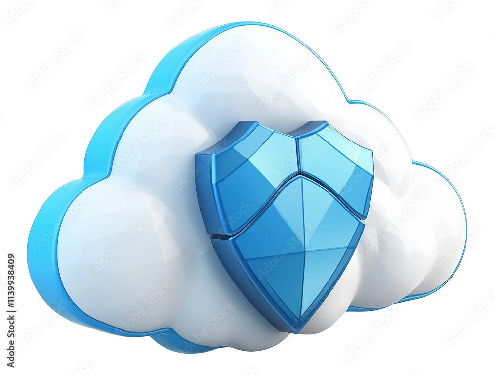 Poster 3d illustration of white cloud with blue shield symbolizing data protection and cloud security, isol