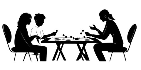 Parents and children participating in a board game session, moving pieces and discussing their actions, Illustration