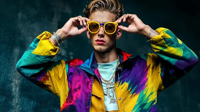 A stylish young Caucasian male models a vibrant patchwork jacket and yellow sunglasses, exuding confidence and a trendy vibe against a dark, textured backdrop during an urban fashion photo shoot.