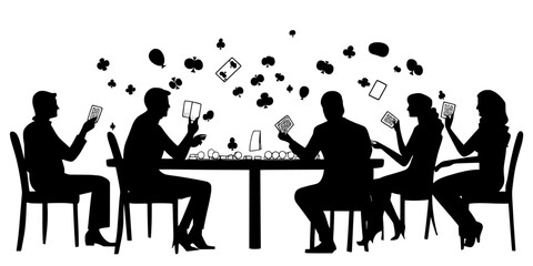 People sitting around a table, exchanging cards and advancing game pieces in a calculated manner, Illustration