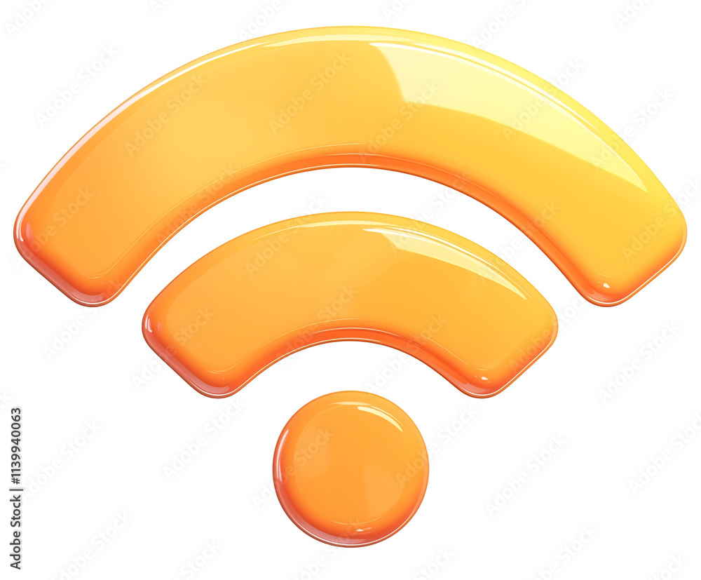 Poster glossy 3d orange wi fi symbol isolated on transparency background, representing wireless internet co