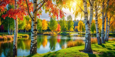 Green and red leaves frame a tranquil park pond, summer light illuminating birch and aspen trees.