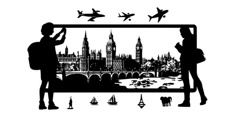 Person creating a group itinerary for sightseeing using a travel app, Illustration