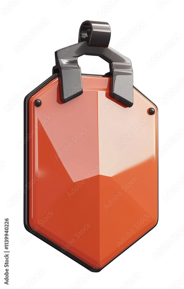Poster 3D rendered orange security badge with glossy finish, featuring geometric shield design and black clip for attachment, isolated on transparency background