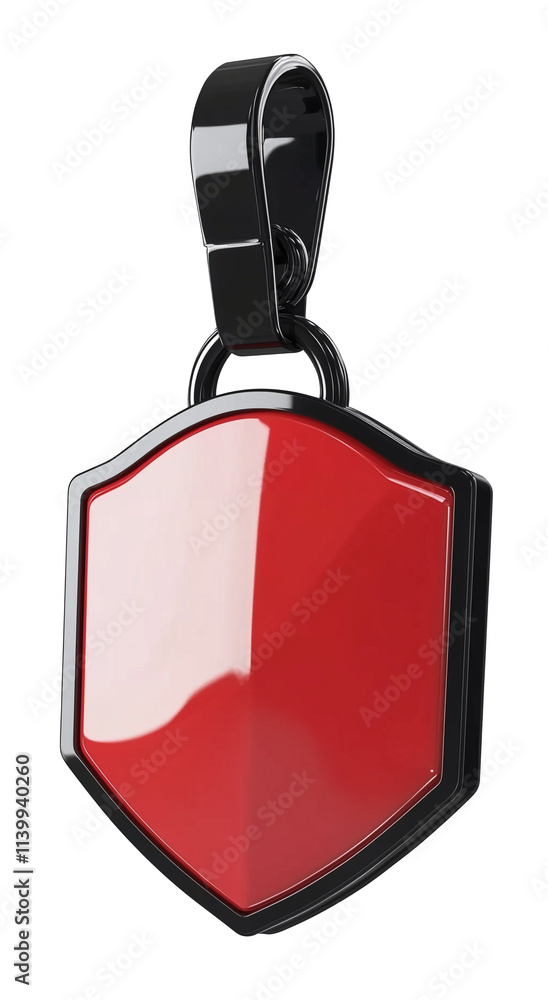 Poster 3D rendered red security badge with glossy finish, featuring shield design and black metallic clip, isolated on transparency background