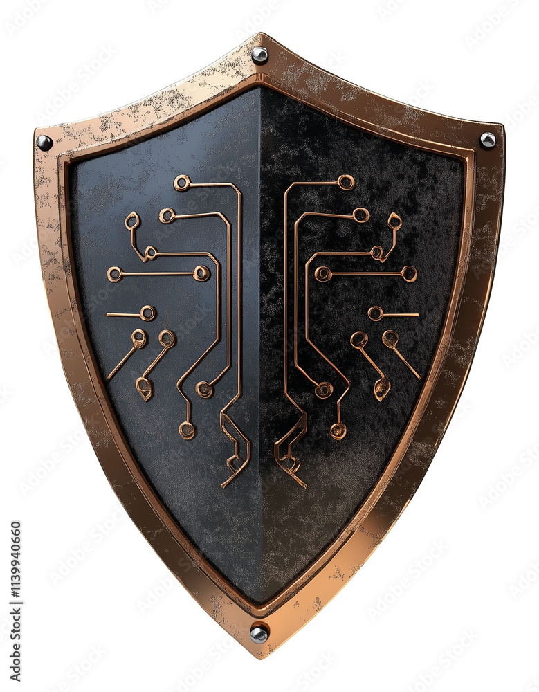 Aufkleber 3D metallic shield with bronze border and intricate binary circuit design, symbolizing technology and protection, isolated on transparency background