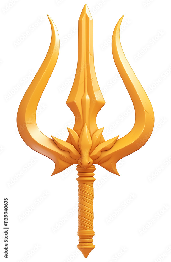 Poster golden 3D trident icon with intricate details, isolated on transparency background, symbolizing power and spirituality. design features sharp edges and decorative handle