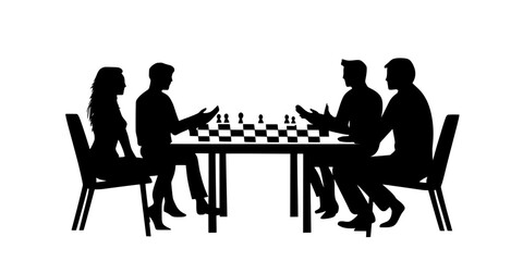 Fototapeta premium Players communicating strategies while planning their collective moves on the game board, Illustration