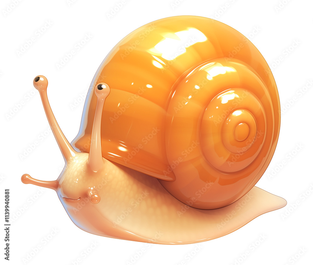 Poster cute 3d cartoon snail with glossy orange shell and soft beige body, isolated on transparency backgro