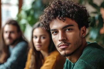 Obraz premium Young Handsome Man with Curly Hair in Green Sweater Looking at Camera, Friends in Background