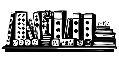 Several board games arranged on a table, ready for cataloging by the owner, Illustration