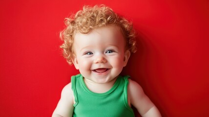 Naklejka premium Happy Caucasian baby with blonde curls in a bright green romper lying on a solid red background