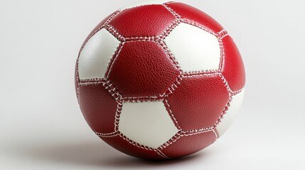 Red and white soccer ball, close-up view.