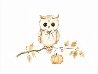 Fototapeta premium Watercolor cute Halloween owl sitting pumpkin ribbon hand-painted autumn illustration pumpkin leave spooky design decor orange clipart fall drawing cute tree forest ribbon nursery room children kids