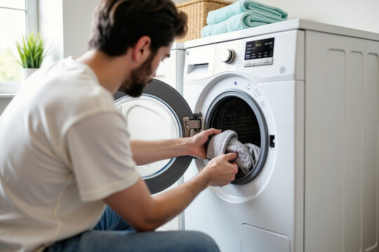 Man Doing Laundry at Home Using Modern White Washing Machine, Domestic Chores, Cleaning Clothes, Household Tasks, Modern Appliances, White Washing Machine, Domestic Bliss, Laundry Day, Home Management