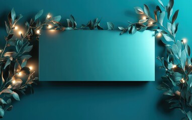 A sleek rectangular metallic sign with mistletoe accents and soft glowing lights on a bold teal background