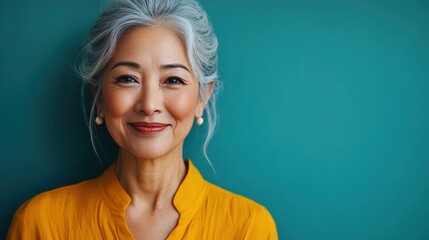 Fototapeta premium A cheerful mature woman with gray hair and a vibrant smile poses gracefully against a colorful background.