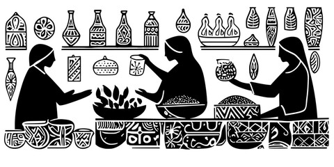 Travelers learning about regional ingredients during a traditional spice market visit, Illustration