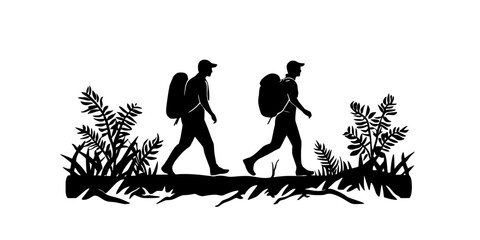 Two hikers navigating a dense forest while crossing a small creek, Illustration