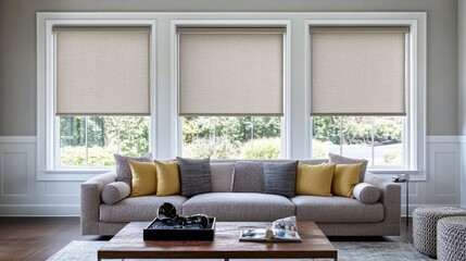 Modern living room with three windows and neutral toned roller shades