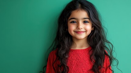 Fototapeta premium Cheerful young Middle Eastern girl with curly black hair in a bright red sweater standing against a solid green background