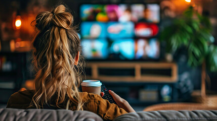 Relaxed Young Woman with Blonde Hair Watching TV on a Cozy Evening While Holding Coffee and Remote
