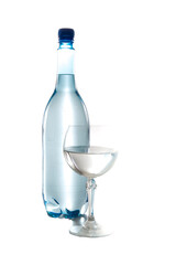 Blue bottle of water with a glass  isolated on png white background 