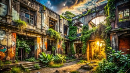 Fototapeta premium Abandoned Thai buildings: urban exploration reveals decaying concrete, graffiti, and the textures of Southeast Asia's lost places.